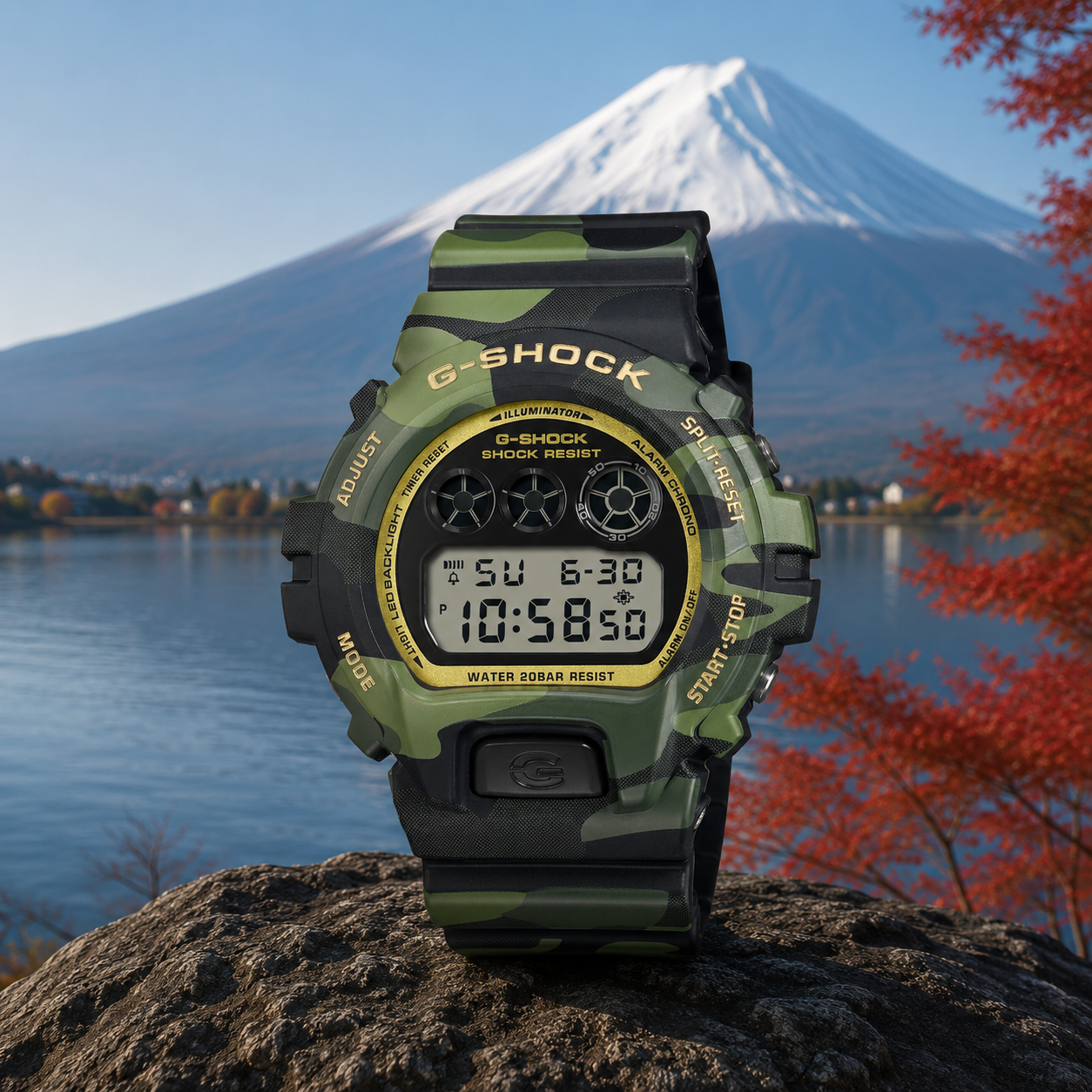 G-SHOCK watch with Mount Fuji background